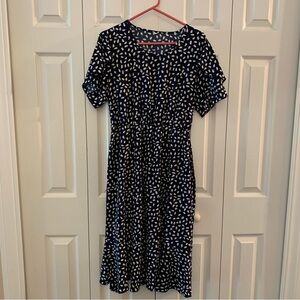 Blue and White Polka Dot Ruffled Dress with Flutter Cap Sleeves Size L